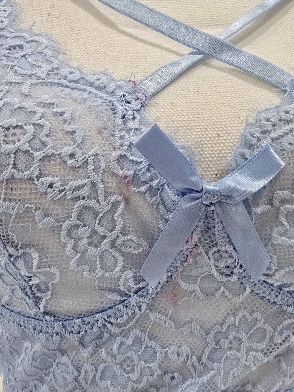 SHEIN Light Blue Lace Lingerie Set Strappy Bralette Bow Panty Underwire Top M - Picture 6 of 10